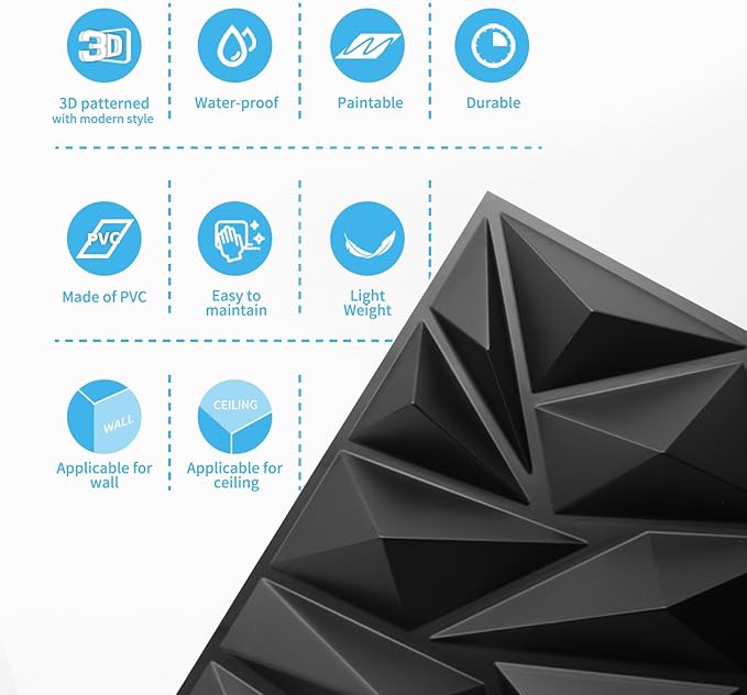 Art3d 50-Pack 3D Wall Panels for Interior Wall Decor, Modern Diamond Textured Accent Wall Paneling for Gaming Living Room TV Wall Background, 12 x 12 inch Black