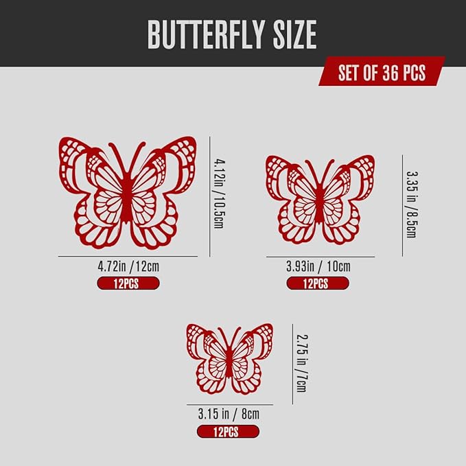 36PCS Butterfly Wall Decals - 3D Butterflies Wall Stickers Removable Mural Decor Wall Stickers Decals Home Decor Room Bedroom Decor Living Room Decor (Red)