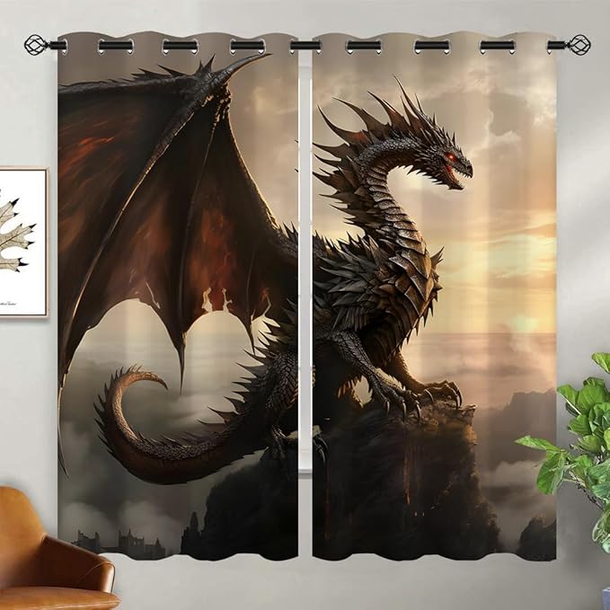 18TH CROZY Dragon Blackout Curtains for Girls Boy Home Decor, Medieval Fantasy Magical Animal Grommet Thermal Insulated Drapes Darkening Window Curtain for Bedroom Living Room, 63 x 63 Inch
