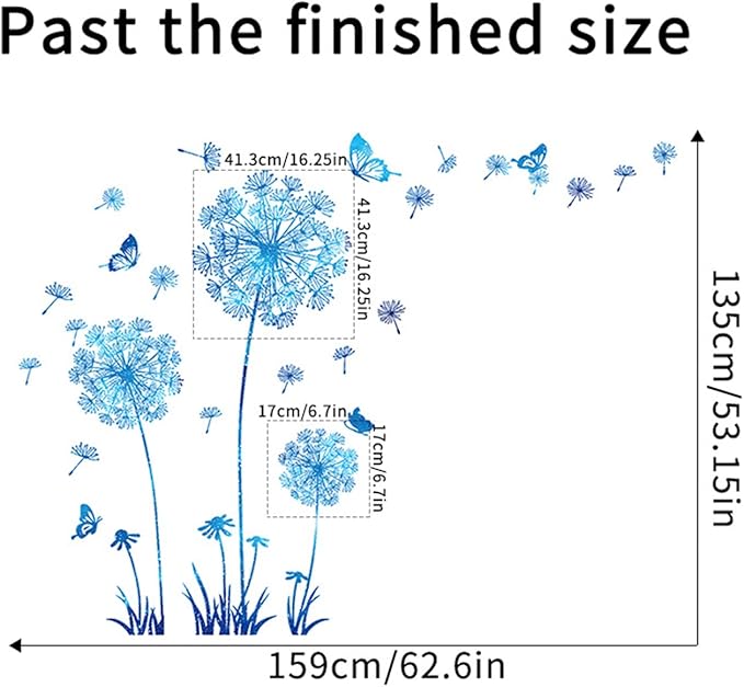 Arawat 2 Set Dandelion Wall Decals - Blue Flower Stickers, Murals, Butterflies Decor for Bedroom, Office, Bathroom, Living Room - Floral Removable Peel and Stick Room Decoration