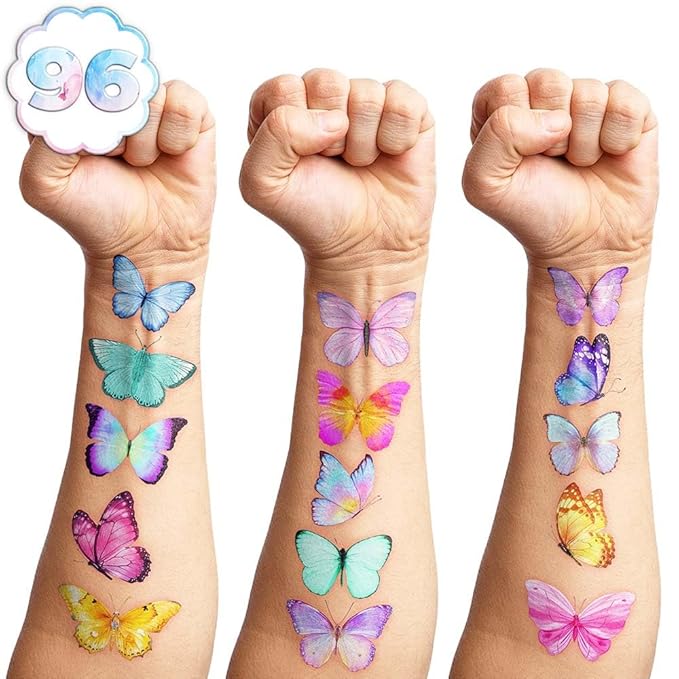 8 Sheets (96PCS) Butterfly Temporary Tattoos Butterflies Theme Birthday Party Decorations Supplies Favors Stickers for Women Kids Gifts Classroom School Prizes Rewards