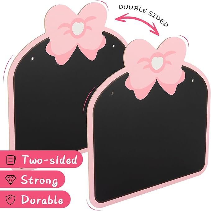 12‘’×12‘’ Wooden Double Sided Hanging Chalkboard Sign, Erasable Kids Chalkboard with Hanging String, 4 Chalks, 2 Hooks,1 Eraser, Message Blackboard Sign for Store Classroom Office Outdoor (Bowknot)