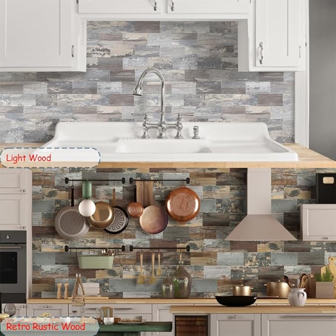 Yipscazo Peel and Stick backsplash 3 x 6 Inches 3D PVC Composite Wall Tile Stick on Backsplash Tile for Kitchen Bathroom, Laundry Room, Fireplace(Rustic Wood, 160 Pieces)