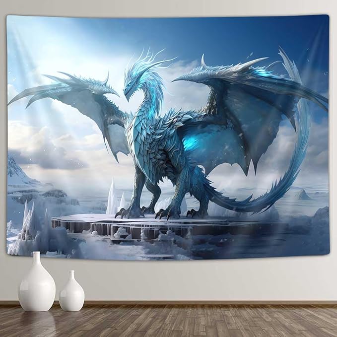 YDIDIAN Blue Dragon Wall Art, Medieval Fantasy Animal Tapestry, Winter Snow Regions Art Aesthetics Wall Decor for Home, College Dorm, Living Room, Panels 80 x 60IN