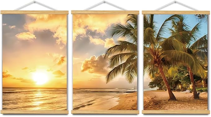 3pcs Beach Canvas Wall Art, Canvas Art with Frames, For Office Home Decor Bedroom Living Room Wall Decor. (Yellow Beach 18L x 12W, Framed)