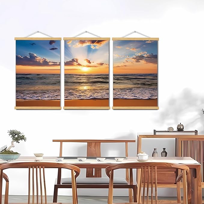 3pcs Beach Canvas Wall Art, Canvas Art with Frames, For Office Home Decor Bedroom Living Room Wall Decor. (Red Beach 29L x 20W, Framed)