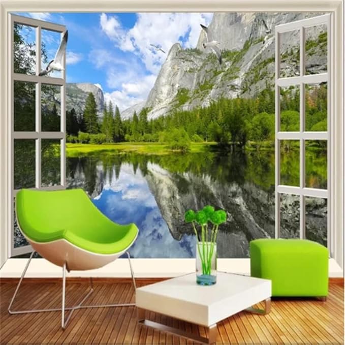 YTTBDBD Landscape False Windows Large Silk Wall Murals for Living Room, Lake Reflection Removable Mural for Bedroom,Wall Mural Wallpaper for Kids' Room-Not Peel n' Stick-99 W x 66" H/251x168cm-Silk