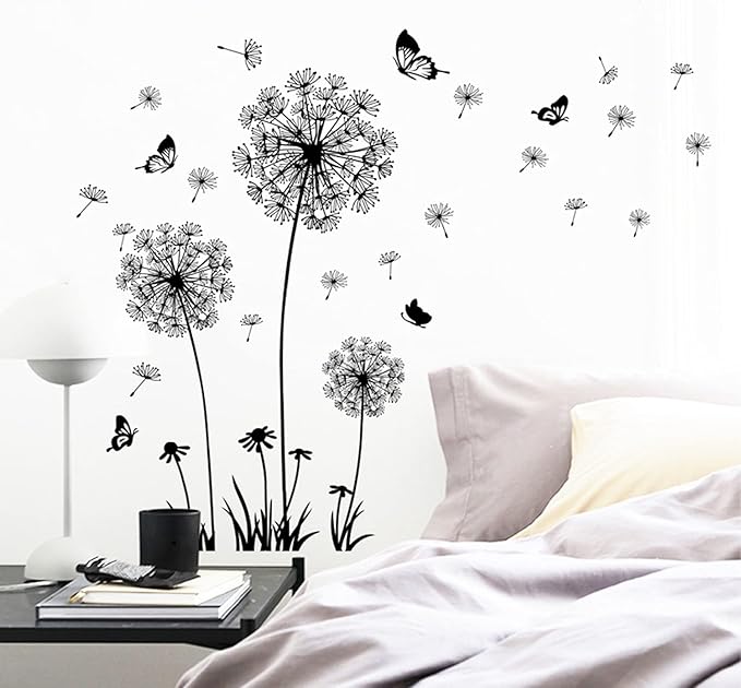 Arawat 2 Set Dandelion Wall Decals, Flower Stickers, Murals With Butterflies for Bedroom, Office, Bathroom, Living Room - Removable Floral Peel and Stick Art Decoration