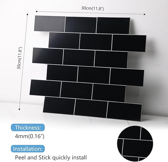 1-Pack Peel and Stick Tile Backsplash 12"X12" PVC Wall Tiles, Stick on Backsplash for Kitchen, Bathroom Tile, Fireplace Décor, Laundry Table, Stair Decals in Black