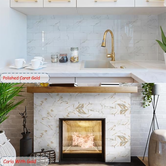 Yipscazo Peel and Stick backsplash 3 x 6 Inches 3D PVC Composite Wall Tile Stick on Backsplash Tile for Kitchen Bathroom, Laundry Room, Fireplace(Polished Marble, 100 Pieces)