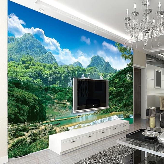 YTTBDBD Qingshan Waterfall 3D Mural, Sky Stream Wallpaper Wall Mural Sticker Home Decor for Bedroom Office Living Room Wall Artwork Decor-Not Peel and Stick-59 W x 39.4" H/150x100cm-Silk