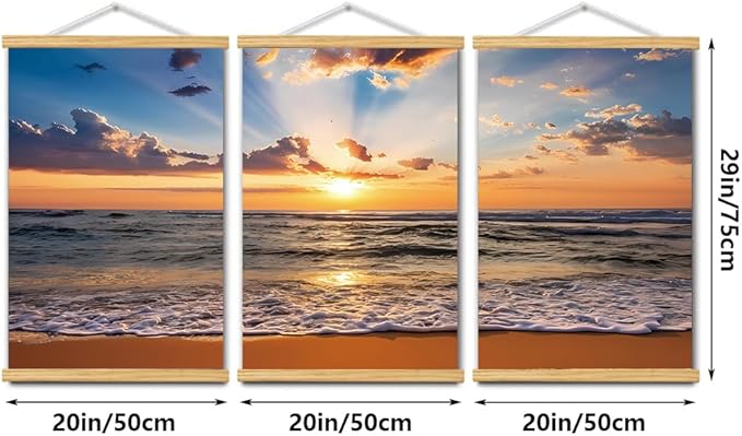3pcs Beach Canvas Wall Art, Canvas Art with Frames, For Office Home Decor Bedroom Living Room Wall Decor. (Red Beach 29L x 20W, Framed)