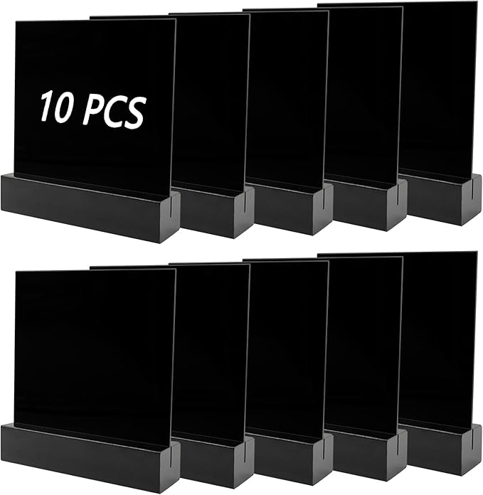10 Pack Food Labels for Party Buffet with Wooden Stands, Acrylic Mini Chalkboard Signs, 3.9x3.9 inch Blank Black Acrylic Table Signs for Outdoor Wedding Table Numbers, Reserved, Cafe, Menu (Black)