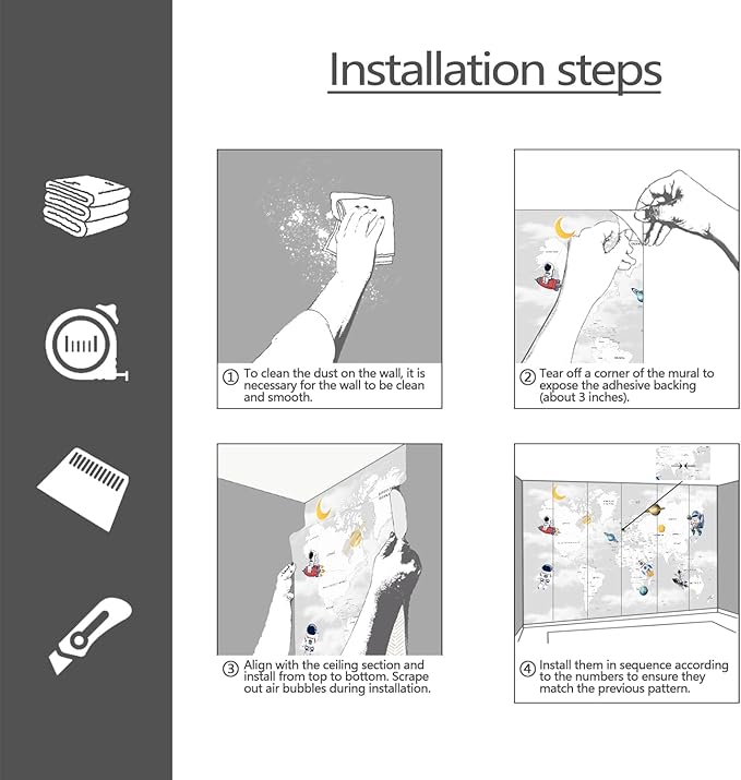 YQWDMX - Grey map Peel and Stick Wallpaper Cartoon Planet Kids Wall Mural for Nursery ZY04 M