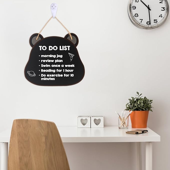 12‘’×10‘’ Wooden Double Sided Hanging Chalkboard Sign, Erasable Kids Chalkboard with Hanging String, 4 Chalks, 2 Hooks,1 Eraser, Message Blackboard Sign for Store Classroom Office Outdoor (Bear)