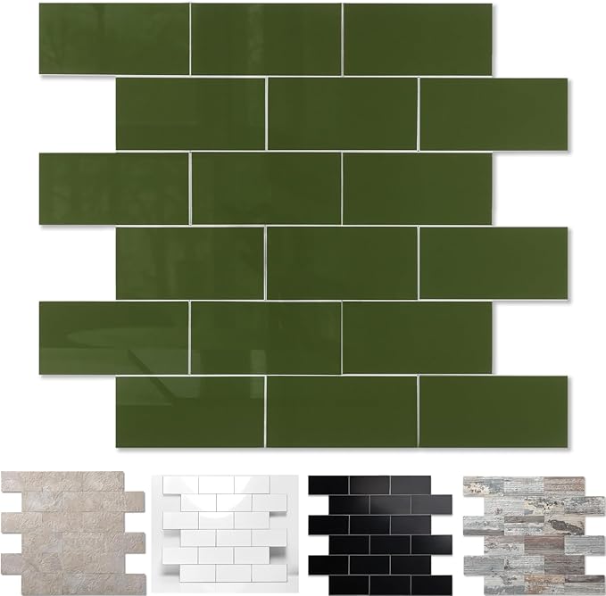 1-Pack Peel and Stick Tile Backsplash 12"X12" PVC Wall Tiles, Stick on Backsplash for Kitchen, Bathroom Tile, Fireplace Décor, Laundry Table, Stair Decals in Polished Green