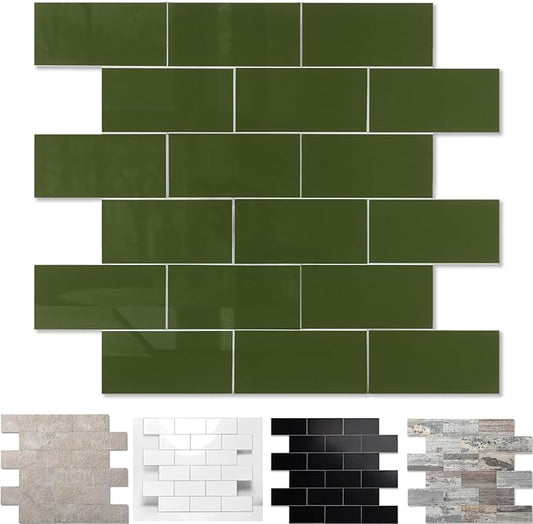 1-Pack Peel and Stick Tile Backsplash 12"X12" PVC Wall Tiles, Stick on Backsplash for Kitchen, Bathroom Tile, Fireplace Décor, Laundry Table, Stair Decals in Polished Green