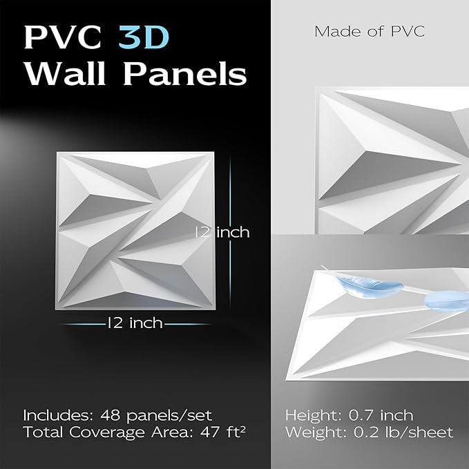 48 Pack 3D Wall Panels for Interior Wall Decor,PVC Textured Wall Panel for Home and Office Interiors, White, 12"x12", Covers 47 Sq.Ft.