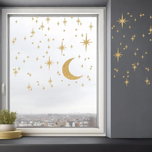104 Pcs Star and Moon Wall Decals - Peel and Stick Window Clings Glitter Stars Wall Stickers for Living Room, Bedroom, Nursery Decor