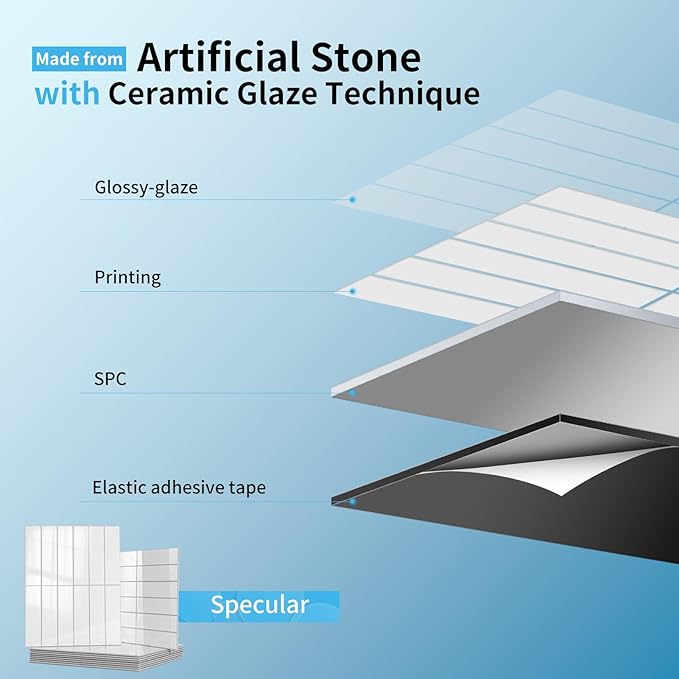 Art3d 10-Sheet Faux Marble Peel and Stick Backsplash Tile for Kitchen Wall Bathroom Countertops, 11.4 inch x 9.1 inch Stick-on Glazed-Ceramic Finish Resist to Water, Heat and Scratches, White