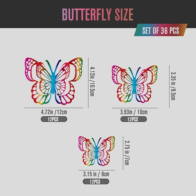 36PCS Butterfly Wall Decals - 3D Butterflies Wall Stickers Removable Mural Decor Wall Stickers Decals Home Decor Room Bedroom Decor Living Room Decor (Rainbow)
