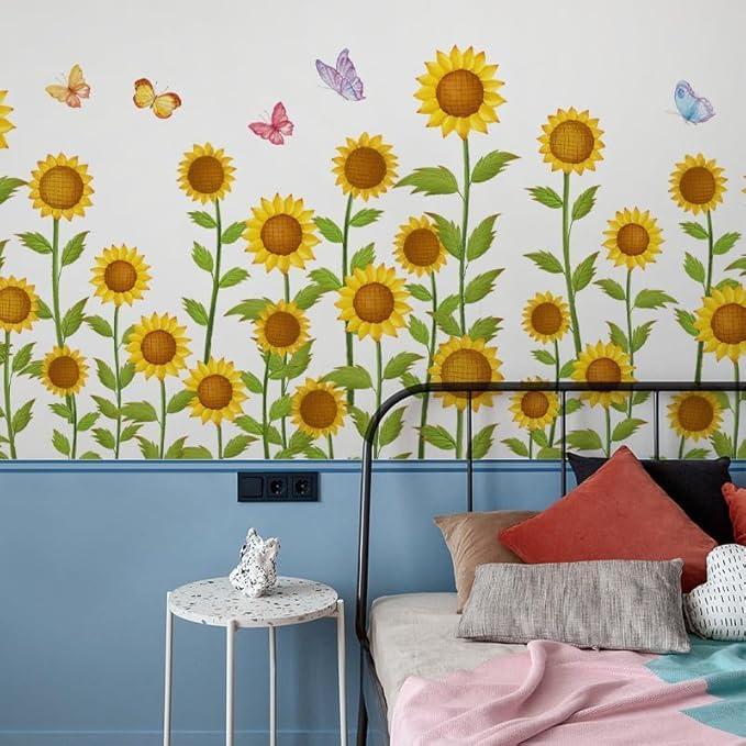 12x36 Inch Set - Sunflower Themed Floral Wall Decals for Decor, Self Adhesive Vinyl for Home Decor for Nursery, Home- Gift for Christmas, Thanksgiving (Floral Design #2)