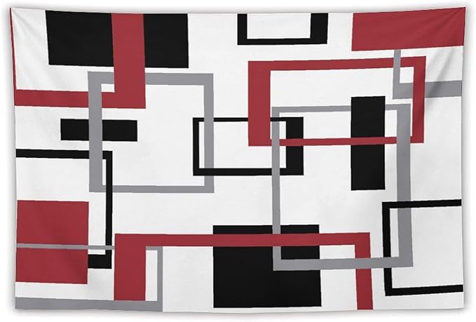 ZhiRain Red Tapestry Wall Hanging Mid Century Modern Geometric Abstract Red Black Grey Square White Backdrop Tapestries Home Decor for Living Room Bedroom Apartment Farmhouse Dorm 60"x90"