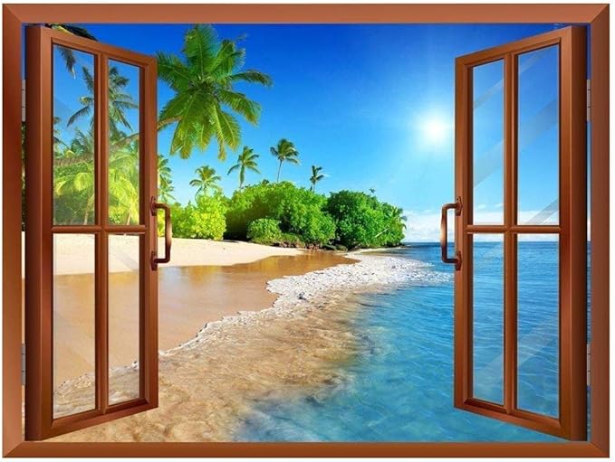 wall26 Beautiful Landscape of Palm Tree on The Beach and Clear Sea View from Inside a Window Removable Wall Sticker Wall Mural - 24"x32"