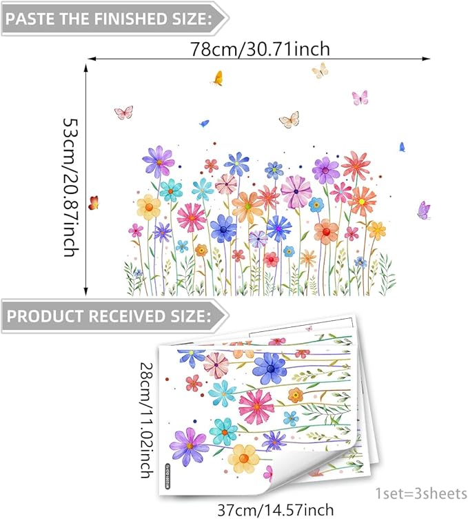 3 Pieces Colorful Flowers Wall Decals Vinyl Colorful Flowers Wall Stickers Removable Floral Art Murals Peel and Stick Colorful Decor for Girls Bedroom Living Room Nursery