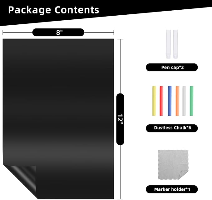 Yunihome Magnetic Black Dry Erase Board for Refrigerator 2pack, 8" x 12"Chalk Board Contact Paper Decal for School, Office, Kitchen Fridge, Kids Drawing with Dustless Chalk, Holder and Magnets
