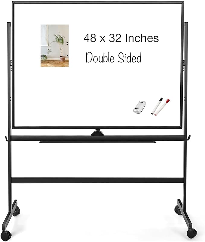 32x48 Inches Industrial-Grade Mobile Dry Erase Whiteboard with Lockable Rolling Stand - Double-Sided Magnetic Whiteboard, Height & Angle Adjustable for Office, Classroom & Workshop Black