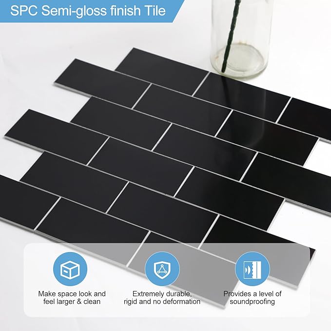 10-Pack Peel and Stick Tile Backsplash 12"X12" PVC Wall Tiles, Stick on Backsplash for Kitchen, Bathroom Tile, Fireplace Décor, Laundry Table, Stair Decals in Black