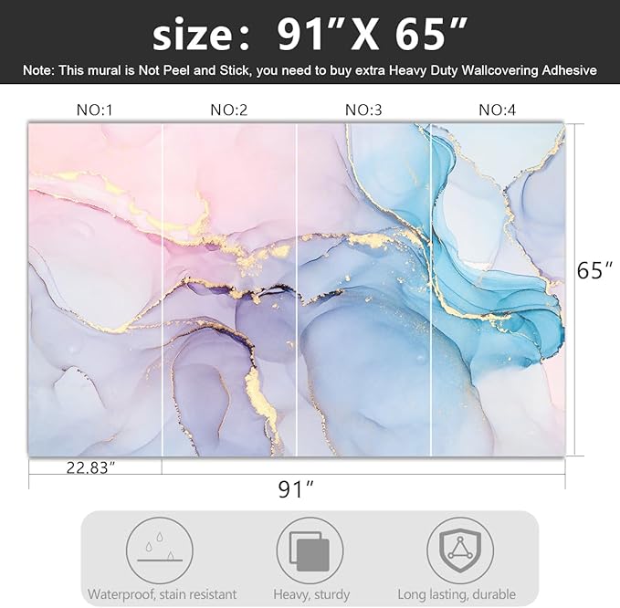 YIHWM -Coloured Marbled Fabric Wallpaper Abstraction Golden Art Living Room Bedroom Bathroom Wall Mural- 91"x65"（ not Peel and Stick）