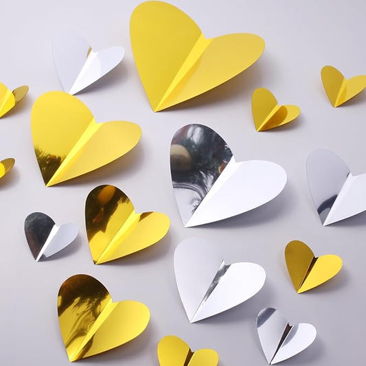 60 Pcs Valentines Day Wall Decorations - 3D Heart Stickers, Waterproof Wall Decals for Home, Bedroom, Wedding, Anniversary, Party, Office, and School Decor (Gold & Silver)