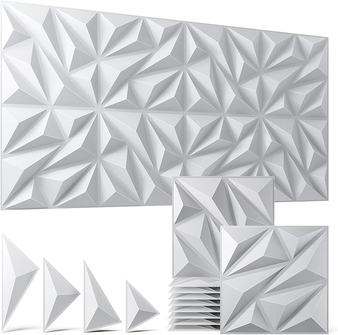 ZELMINE 48 Pack White 3D Wall Panels for Interior Wall Decor, 11.8'' x 11.8'' Decorative Wall Panels, Accent Wall Panels, 3D Diamond Design Wall Decor for Living Room, Bedroom, Gaming Room