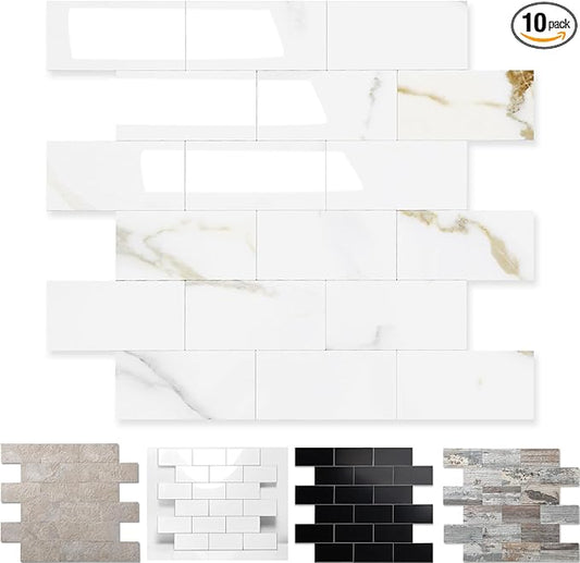 10-Pack Peel and Stick Tile Backsplash 12"X12" PVC Wall Tiles, Stick on Backsplash for Kitchen, Bathroom Tile, Fireplace Décor, Laundry Table, Stair Decals in Vintage Polished Marble