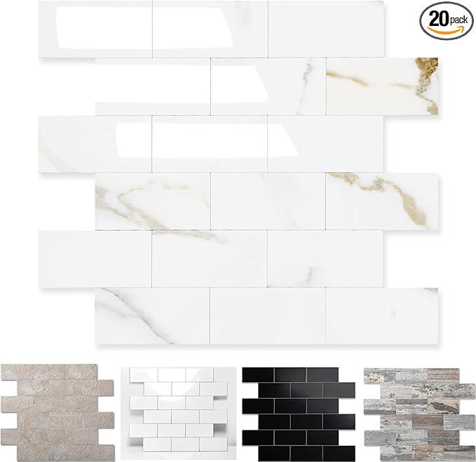 20-Pack Peel and Stick Tile Backsplash 12"X12" PVC Wall Tiles, Stick on Backsplash for Kitchen, Bathroom Tile, Fireplace Décor, Laundry Table, Stair Decals in Vintage Polished Marble