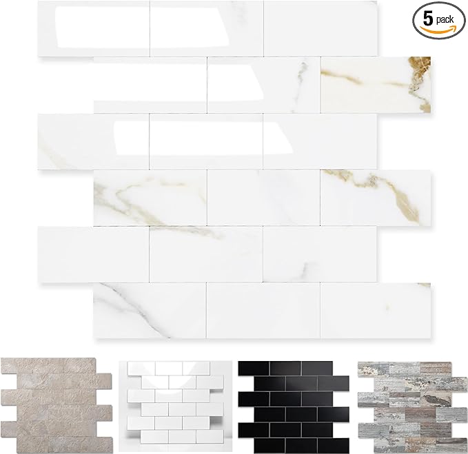 5-Pack Peel and Stick Tile Backsplash 12"X12" PVC Wall Tiles, Stick on Backsplash for Kitchen, Bathroom Tile, Fireplace Décor, Laundry Table, Stair Decals in Vintage Polished Marble