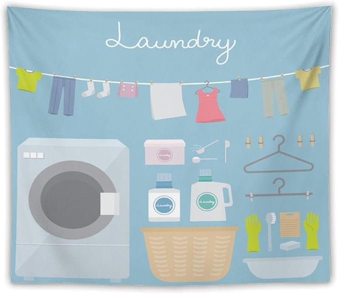 ZhiRain Laundry Room Tapestry Wall Hanging Blue Cartoon Wash Dry Fold Tapestries Home Decor for Living Room Bedroom Farmhouse Apartment Dorm 50"x60"