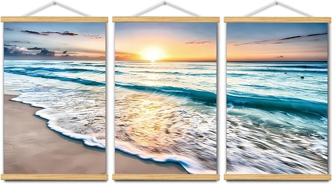 3pcs Beach Canvas Wall Art, Canvas Art with Frames, For Office Home Decor Bedroom Living Room Wall Decor. (Blue Beach, 29L x 20W, Framed)