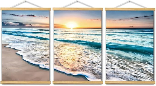 3pcs Beach Canvas Wall Art, Canvas Art with Frames, For Office Home Decor Bedroom Living Room Wall Decor. (Blue Beach, 18L x 12W, Framed)