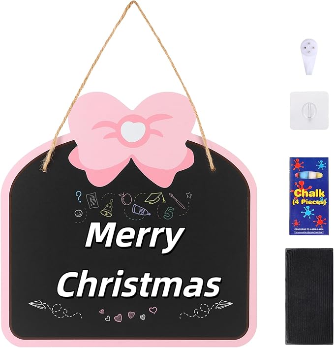 12‘’×12‘’ Wooden Double Sided Hanging Chalkboard Sign, Erasable Kids Chalkboard with Hanging String, 4 Chalks, 2 Hooks,1 Eraser, Message Blackboard Sign for Store Classroom Office Outdoor (Bowknot)
