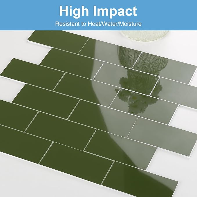 5-Pack Peel and Stick Tile Backsplash 12"X12" PVC Wall Tiles, Stick on Backsplash for Kitchen, Bathroom Tile, Fireplace Décor, Laundry Table, Stair Decals in Polished Green