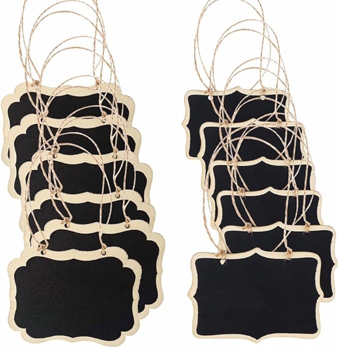 16pcs Mini Wooden Chalkboard Tags with String Black Reusable Small Hanging Chalk Board Sign Mini Erasable Chalkboard Labels for Food Labels Wedding Parties Price Message Tags