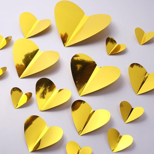 60 Pcs Valentines Day Wall Decorations - 3D Heart Stickers, Waterproof Wall Decals for Home, Bedroom, Wedding, Anniversary, Party, Office, and School Decor (Gold)