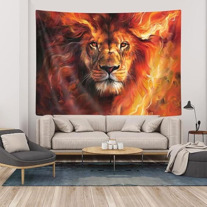YDIDIAN Lion Wall Art - Burning Flame Animal Tapestry, Wall Decor for Home, College Dorm, Living Room - Panels 90 x 70IN