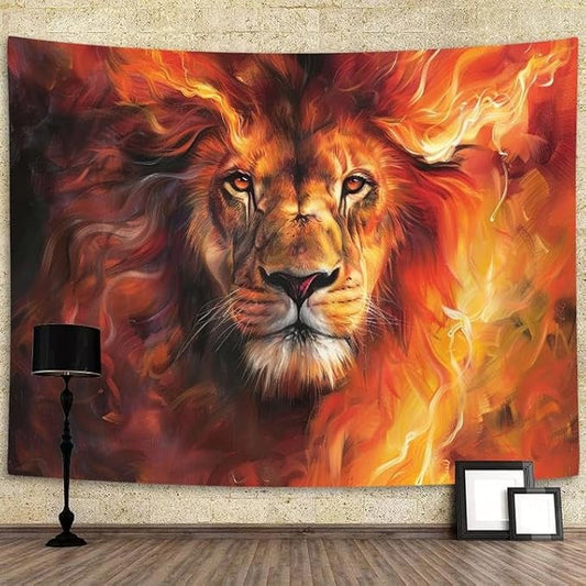YDIDIAN Lion Wall Art - Burning Flame Animal Tapestry, Wall Decor for Home, College Dorm, Living Room - Panels 90 x 70IN