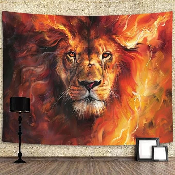 YDIDIAN Lion Wall Art - Fire Burning Flame Animal Wall Decor for Home & College Dorm Living Room, Panels 70 x 60IN