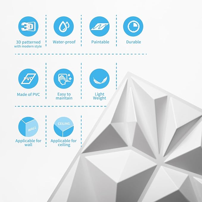 Art3d 33-Pack 3D Wall Panels for Interior Wall Decor, Modern Diamond Textured Accent Wall Paneling for Gaming Living Room TV Wall Background, 12 x 12 inch White, A10342