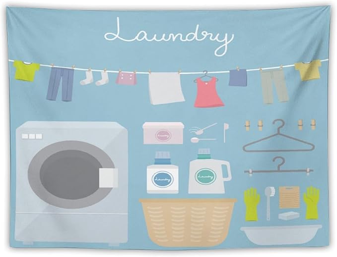 ZhiRain Laundry Room Tapestry Wall Hanging Blue Cartoon Wash Dry Fold Tapestries Home Decor for Living Room Bedroom Farmhouse Apartment Dorm 30"x40"